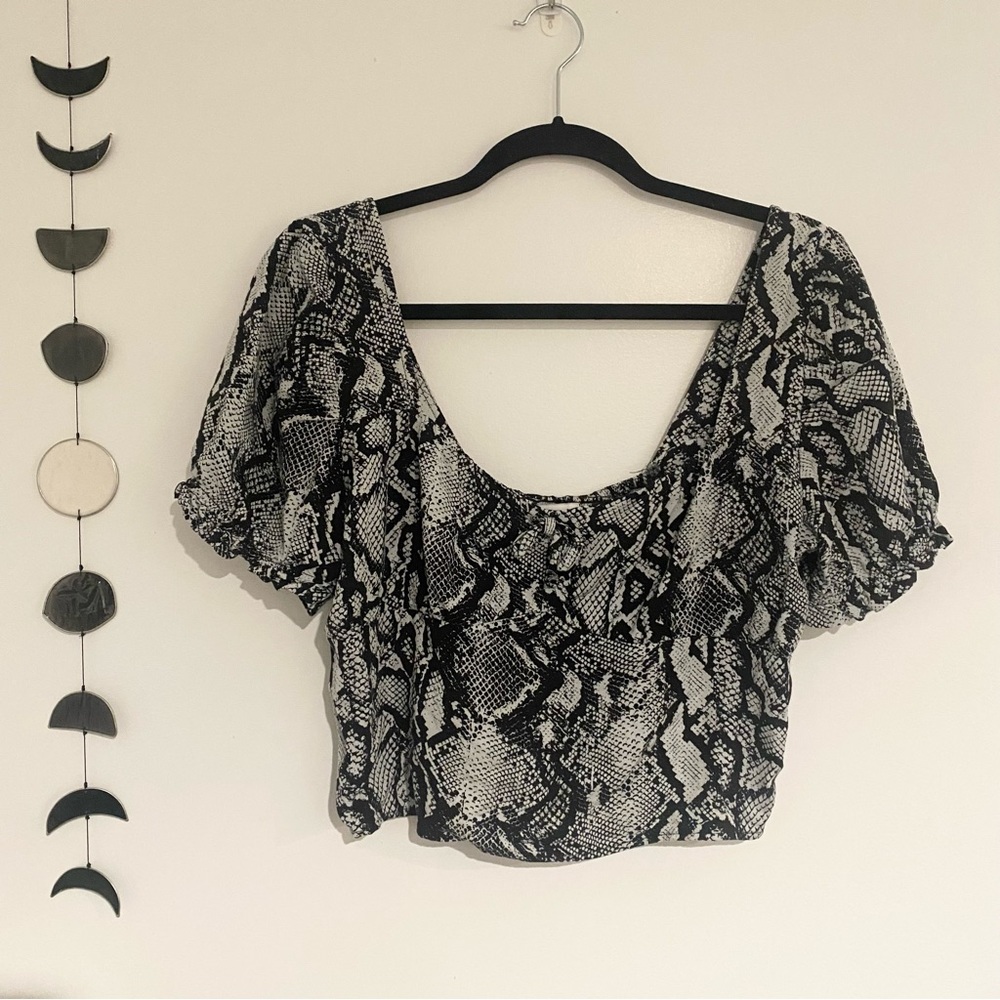 Urban Outfitters Puff Sleeve Tie Front Snakeskin Top